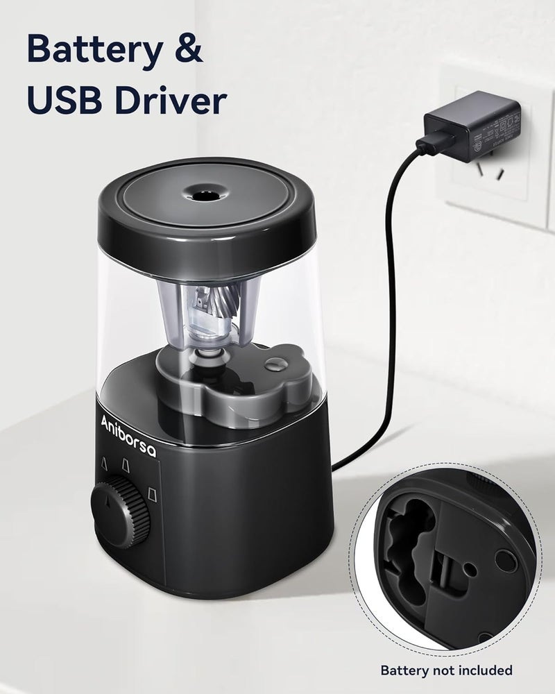 Aniborsa Electric Pencil Sharpener, Helical Blade Automatic Pencil Sharpener, Battery/USB Cord Operated Adjustable Sharpness for 6-8 mm Pencil, Classroom, School, Office, Home, Black - Image 3